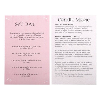 Candle Magic insert cards with Self Love text panels