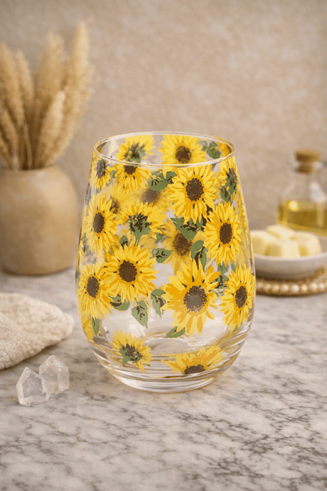 The Fashion Gift Shop: Sunflower Stemless Wine Glass – Gift Boxed Floral Glass by Jones Home & Gifts, Stemless Wine Glass