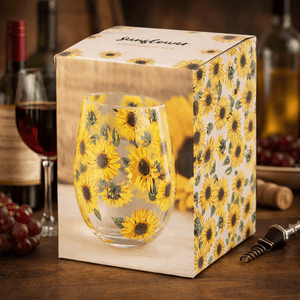 The Fashion Gift Shop: Sunflower Stemless Wine Glass – Gift Boxed Floral Glass by Jones Home & Gifts, Stemless Wine Glass