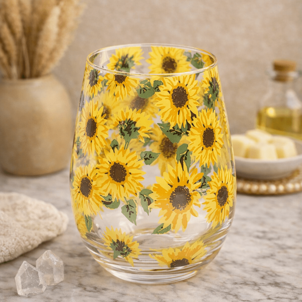 The Fashion Gift Shop: Sunflower Stemless Wine Glass – Gift Boxed Floral Glass by Jones Home & Gifts, Stemless Wine Glass