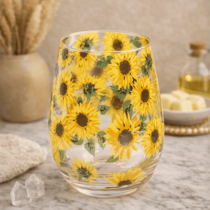 The Fashion Gift Shop: Sunflower Stemless Wine Glass – Gift Boxed Floral Glass by Jones Home & Gifts, Stemless Wine Glass