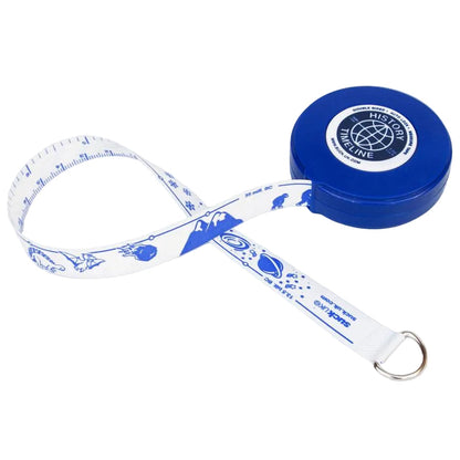 White measuring tape strap with blue timeline icons and blue reel with metal ring