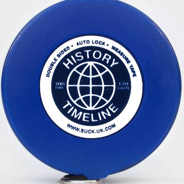 Blue History Timeline measuring tape reel with globe emblem and AUTO LOCK text