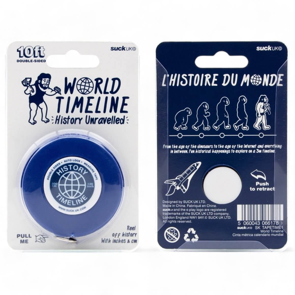 World Timeline measuring tape package with blue reel and illustrated tape backing card