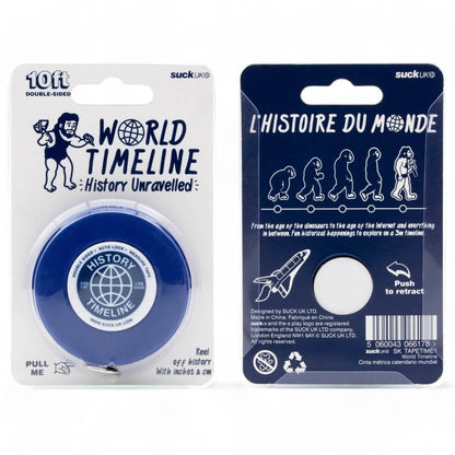 World Timeline measuring tape package with blue reel and illustrated tape backing card
