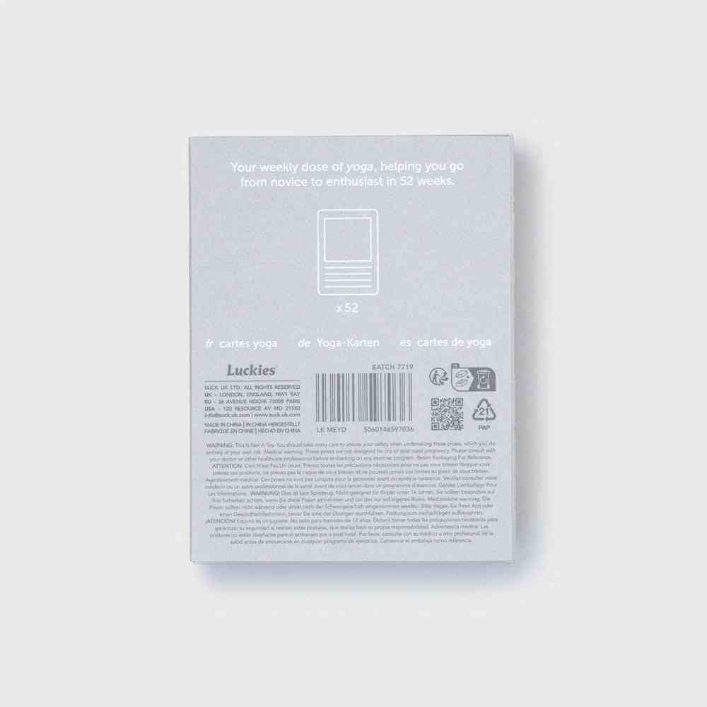 Yoga pose deck card set back cover with product information and icons