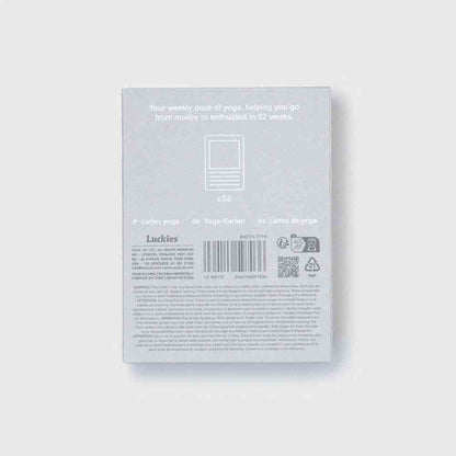 Yoga pose deck card set back cover with product information and icons