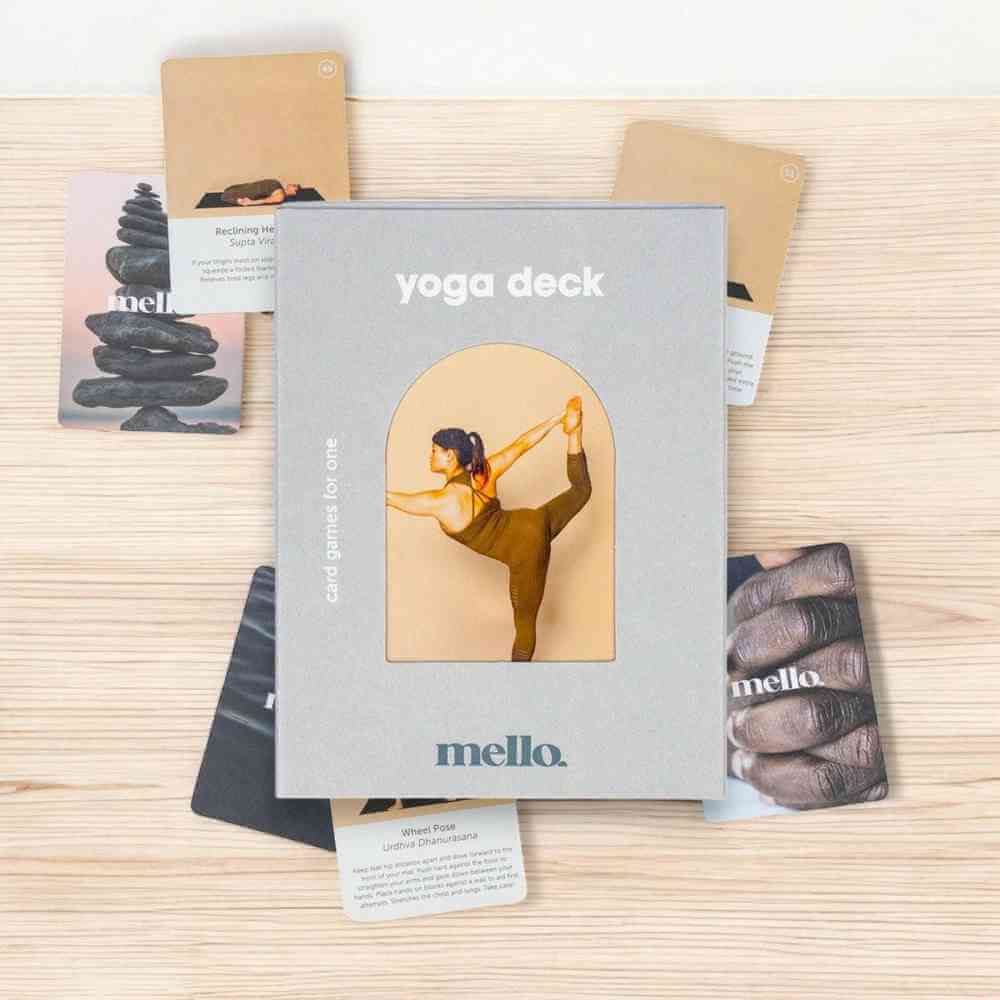 Yoga pose deck card set, front cover with pose illustration