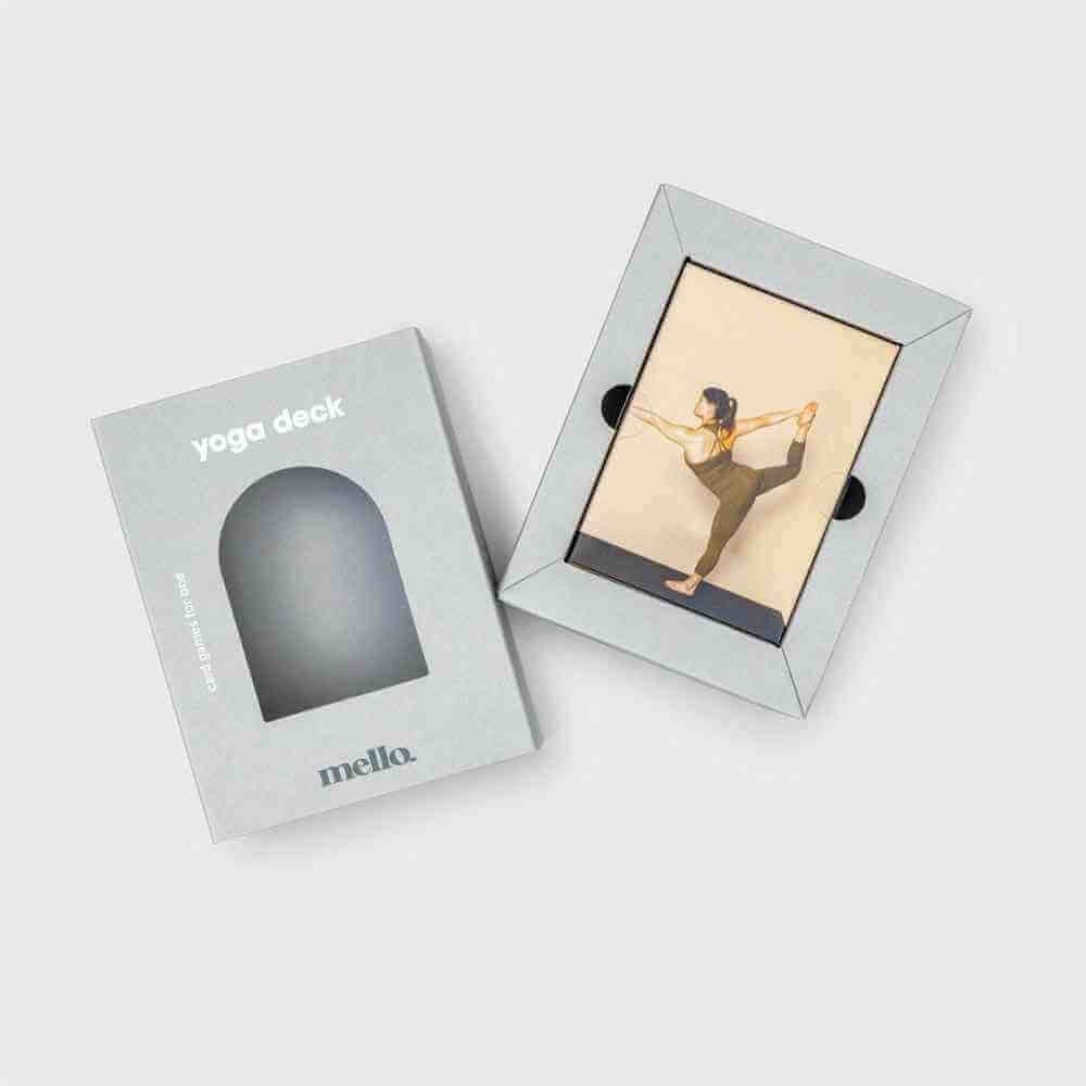Yoga pose deck card set, two covers at angle with standing pose graphic