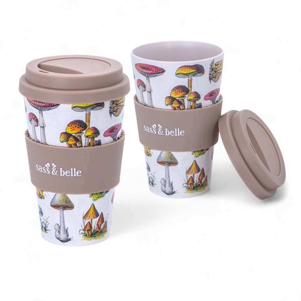 Travel coffee cup set with mushroom pattern, gray band and flip-top lid, Sass & belle.