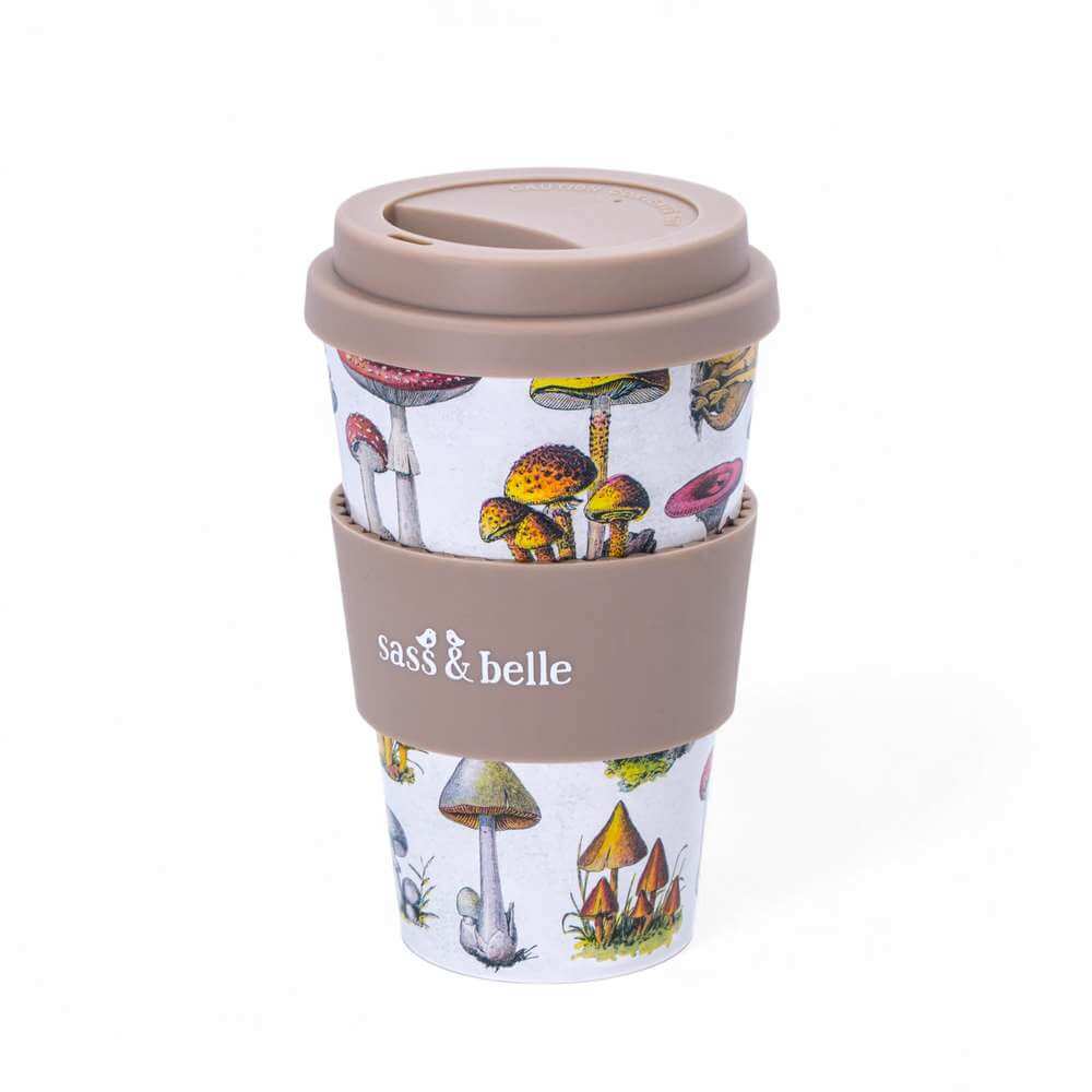 Travel coffee cup with mushroom print, gray band wrap, and flip-top lid, Sass & belle.