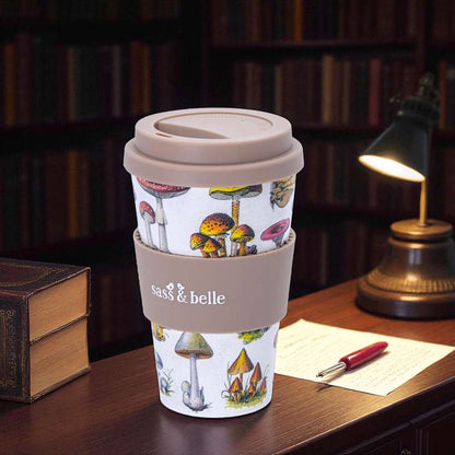 Travel coffee cup with mushroom print, gray band, and flip-top lid, Sass & belle.