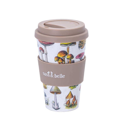 Travel coffee cup with mushroom pattern and flip-top lid, gray band wrap, Sass & belle.