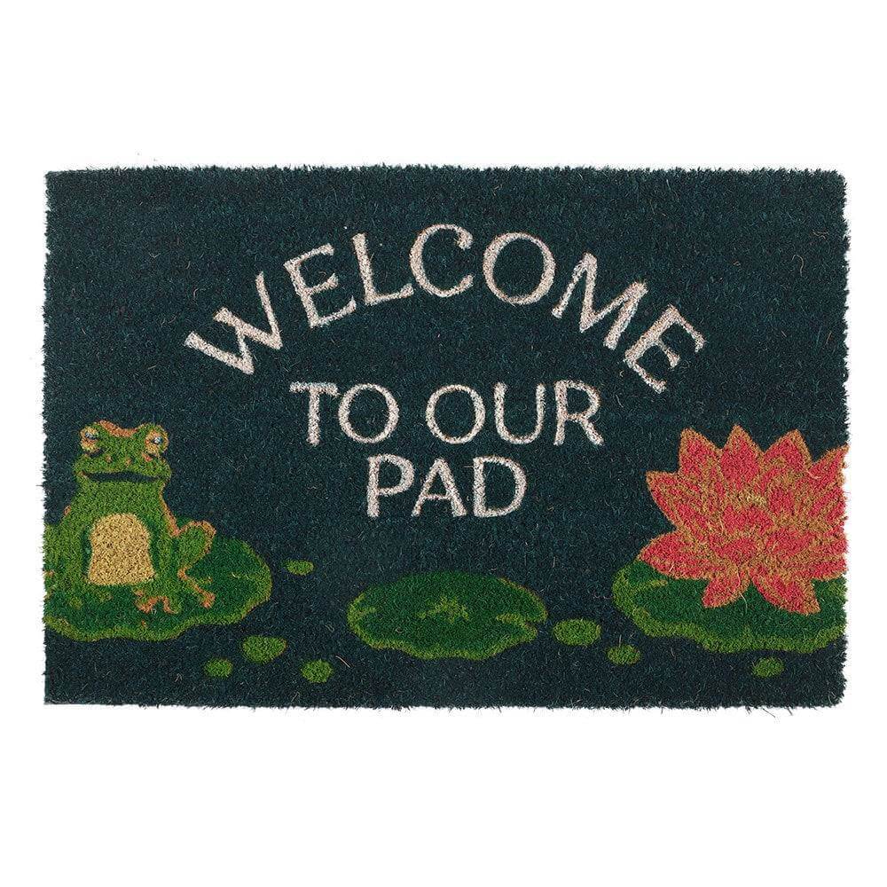 Dark green doormat featuring Welcome to Our Pad lettering with frog and lily pads