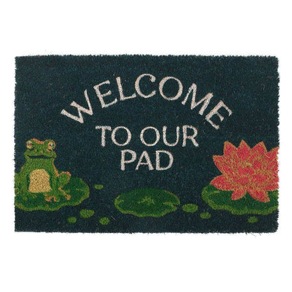 Dark green doormat featuring Welcome to Our Pad lettering with frog and lily pads