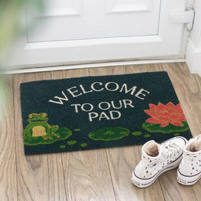 The Fashion Gift Shop: Welcome to Our Pad Doormat Featuring a Sweet Frog and Lily Pad Design by Mindful Frog, Door Mats