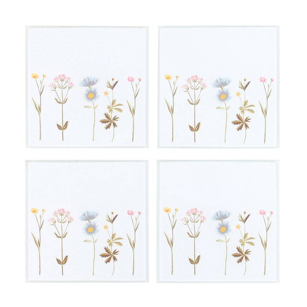Floral glass coasters set of four, white tiles with botanical wildflower prints