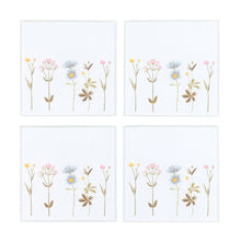 Floral glass coasters set of four, white tiles with botanical wildflower prints