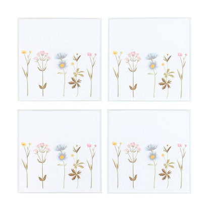 Floral glass coasters set of four, white tiles with botanical wildflower prints