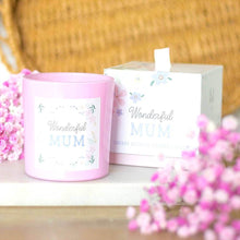 Pink scented candle jar with 'Wonderful Mum' label and matching gift box