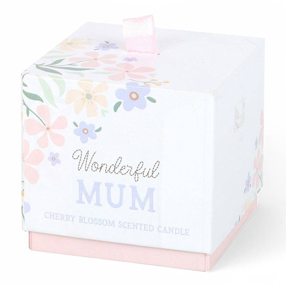 White gift box showing 'Wonderful Mum' and 'Cherry Blossom' scented candle text