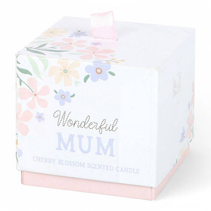 White gift box showing 'Wonderful Mum' and 'Cherry Blossom' scented candle text