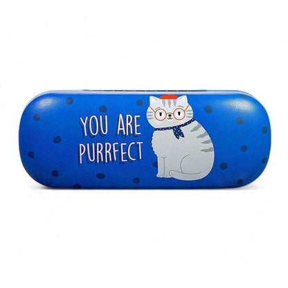 Blue cat glasses case featuring “You are purrfect” text and sitting cat graphic