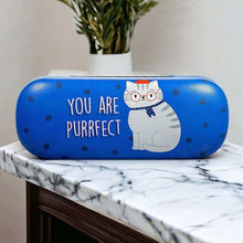 Blue cat glasses case with “You are purrfect” text and illustrated cat graphic