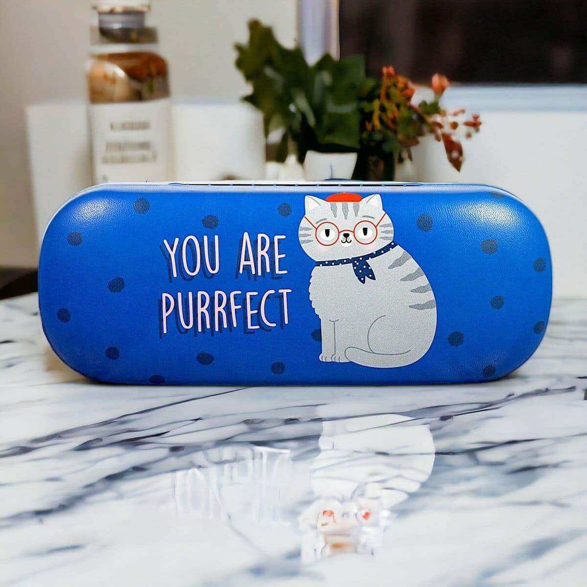 Blue cat glasses case with “You are purrfect” lettering and cat illustration