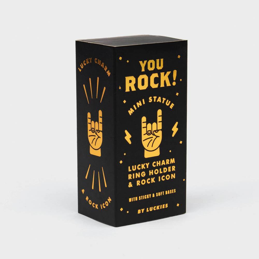 Black mini statue box with gold “You Rock!” text and rock-on hand icon