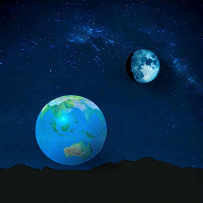 Pair of fridge magnets: large blue Earth globe and small blue moon sphere