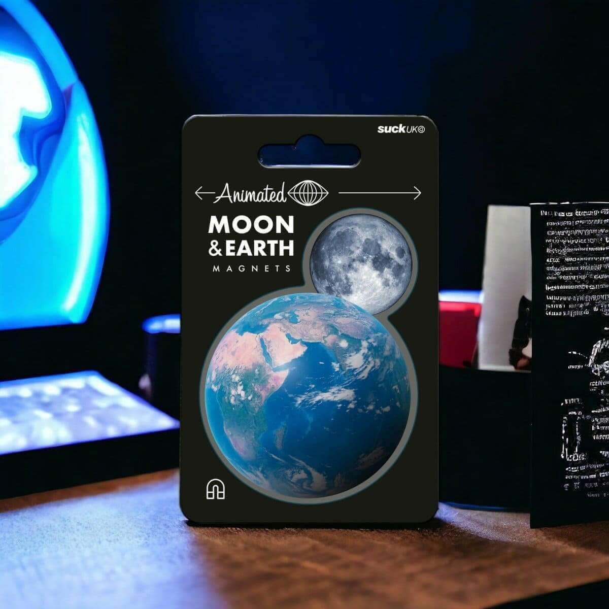 Animated moon and Earth fridge magnets set, with round moon and Earth designs