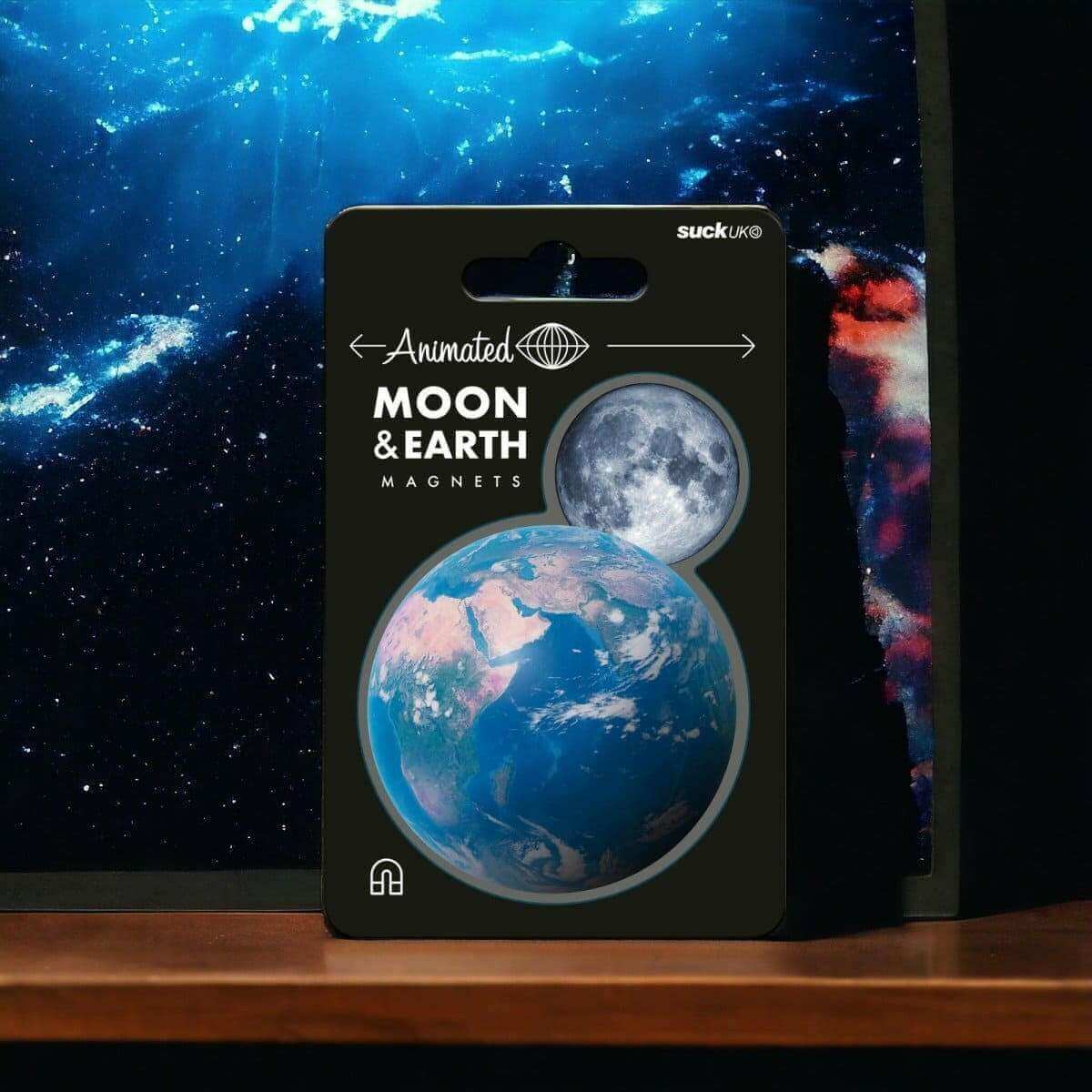Moon and Earth magnet set on retail card, featuring round moon and Earth magnet faces