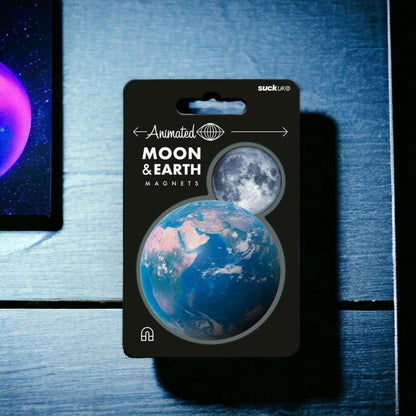Moon and Earth magnet set blister card, showing round moon and Earth magnet circles