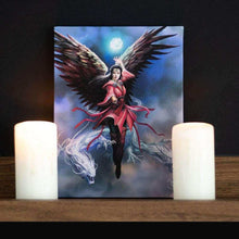 Square wall art canvas plaque featuring winged sorceress in red with flowing ribbons