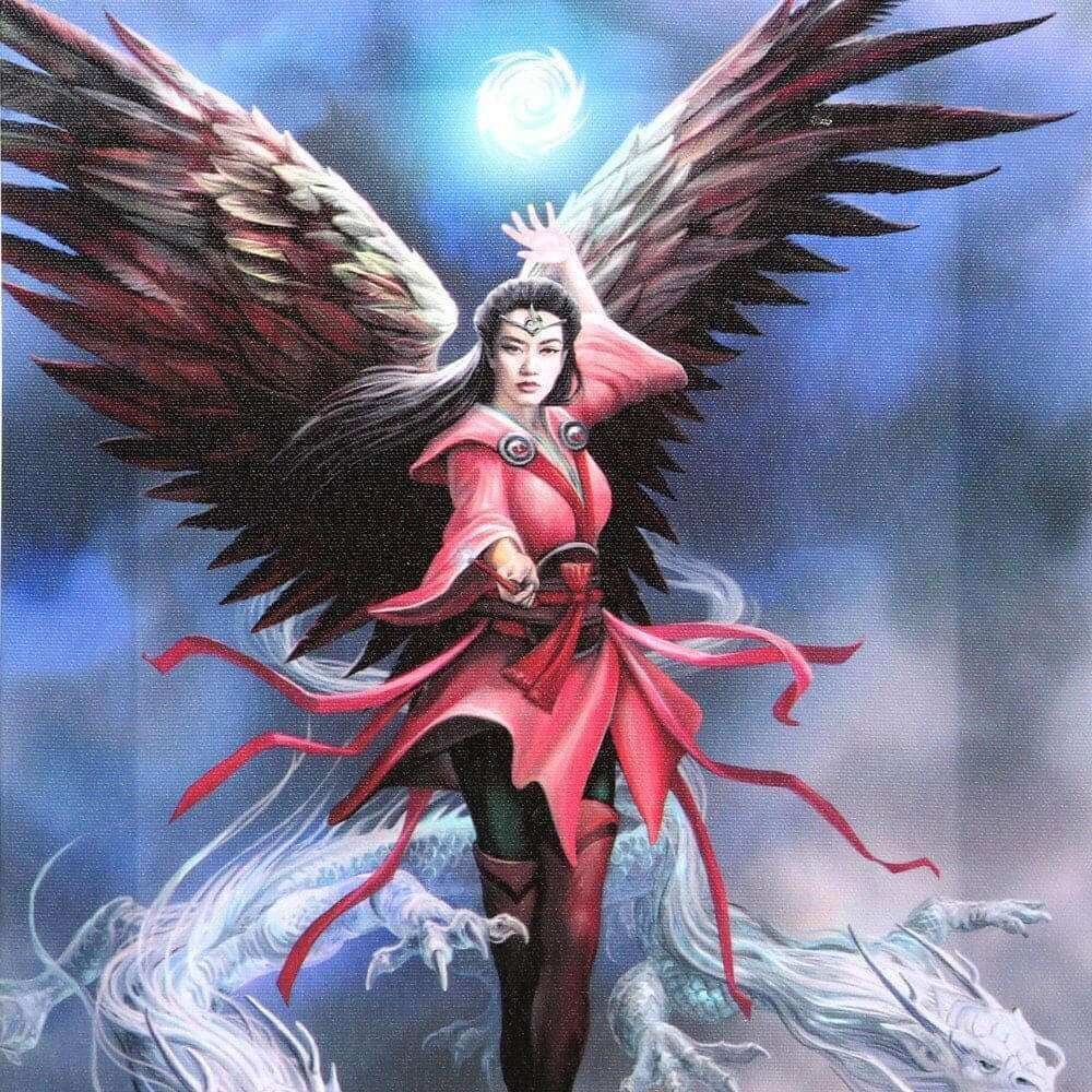 Sorceress wall art canvas with winged woman in red dress, moonlit glowing aura