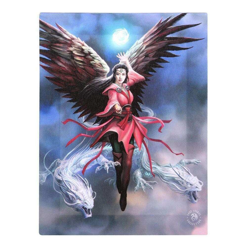 Winged sorceress wall art canvas plaque with red outfit and white misty dragons