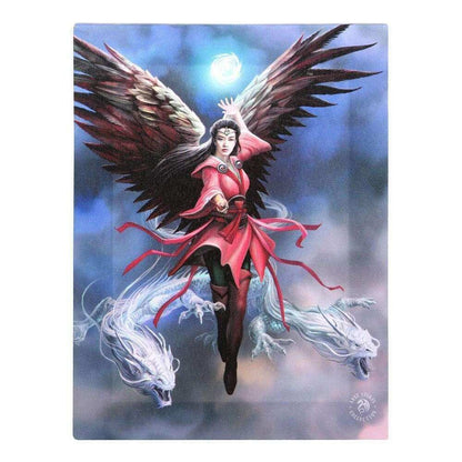 Winged sorceress wall art canvas plaque with red outfit and white misty dragons