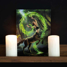 Canvas art plaque showing sorceress on horse with glowing green magic swirl