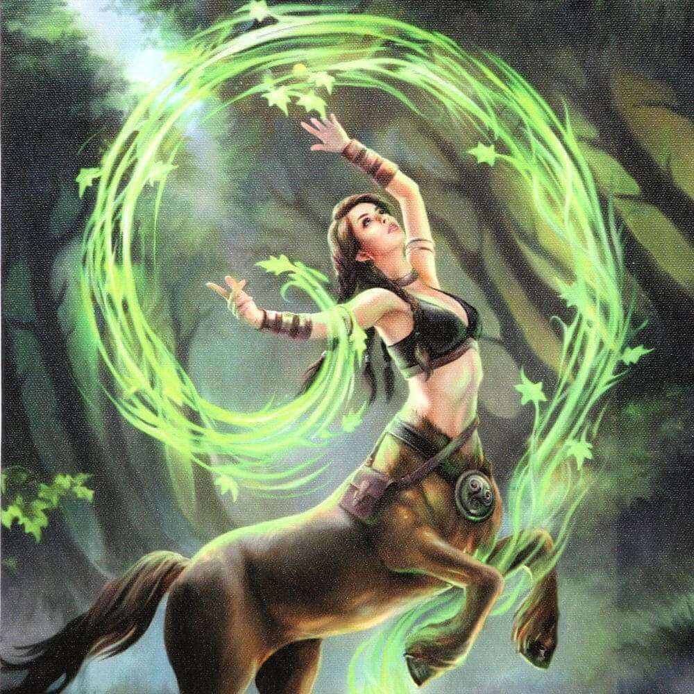 Canvas art plaque: sorceress on dark horse with glowing green magic swirl