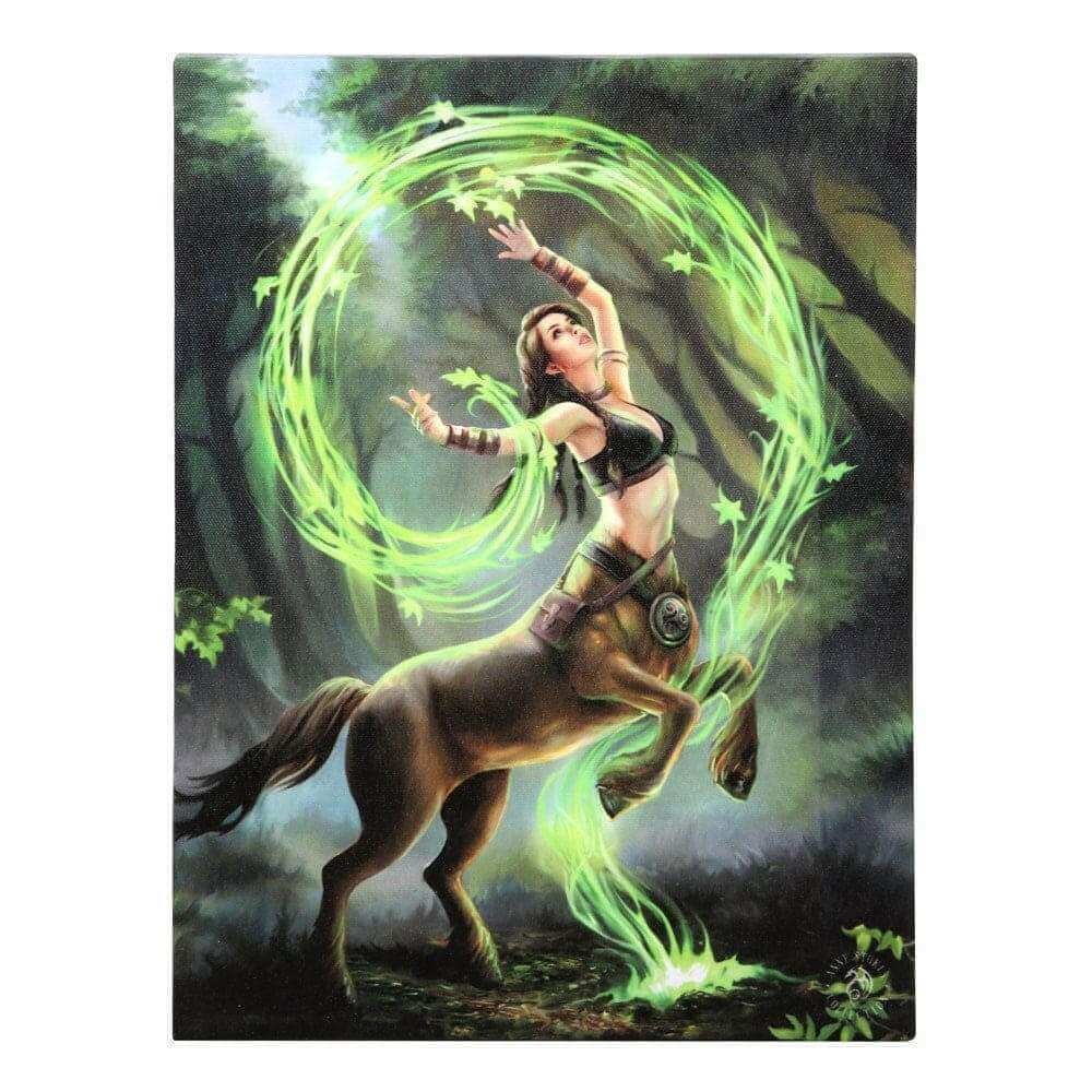 Canvas art plaque close-up: sorceress on horse with glowing green magic swirl