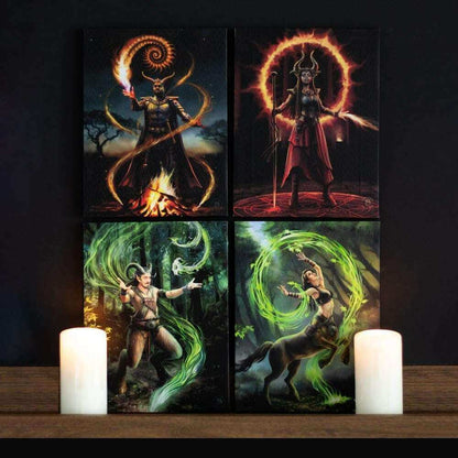 Four-panel wizard canvas wall plaques with glowing orange and swirling green magic