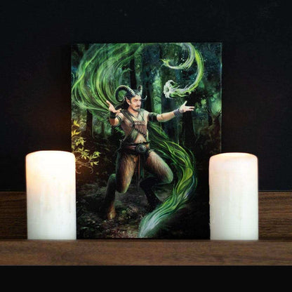Wizard canvas wall plaque featuring swirling green magic and a ghostly white spirit