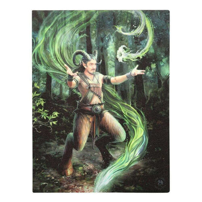 Wizard canvas plaque standing with green swirling energy ribbons and pale smoke