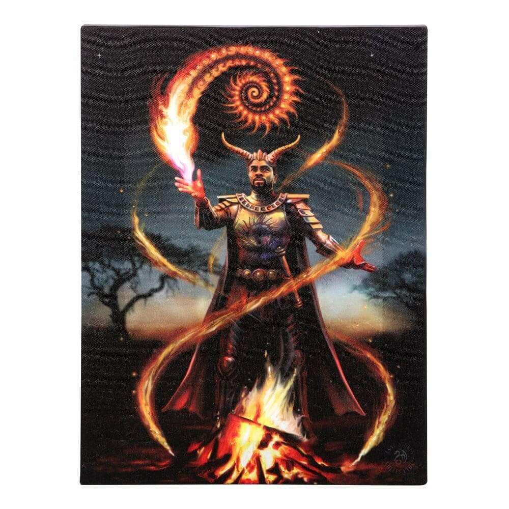 Fire wizard canvas plaque wall art, full figure with flames and swirl