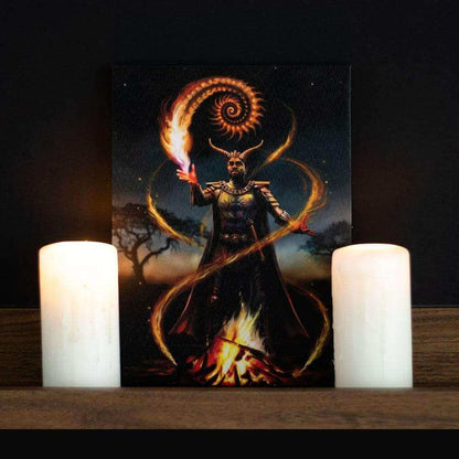 Fire wizard canvas plaque wall art with two lit candles in front