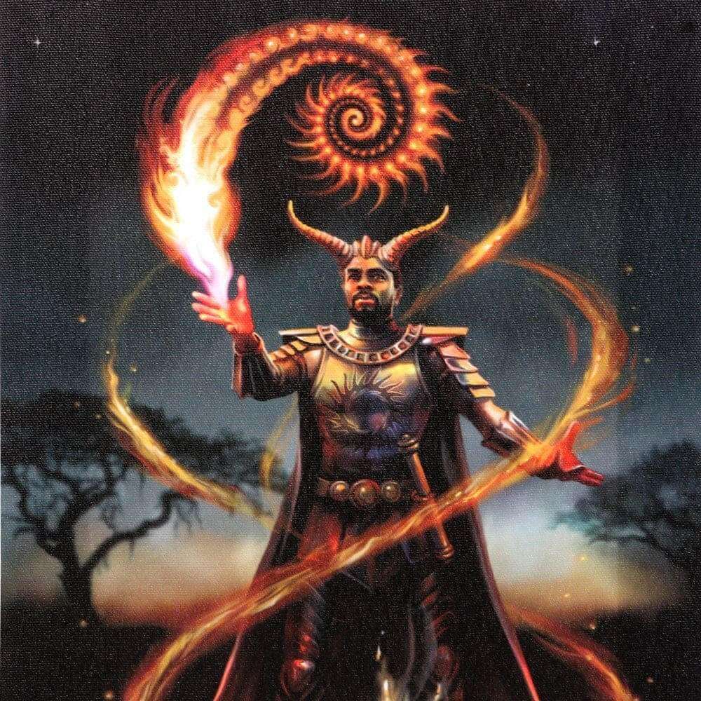 Fire wizard canvas plaque wall art with fiery spiral hands and cloak