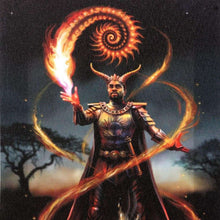 Fire wizard canvas plaque wall art with fiery spiral hands and cloak