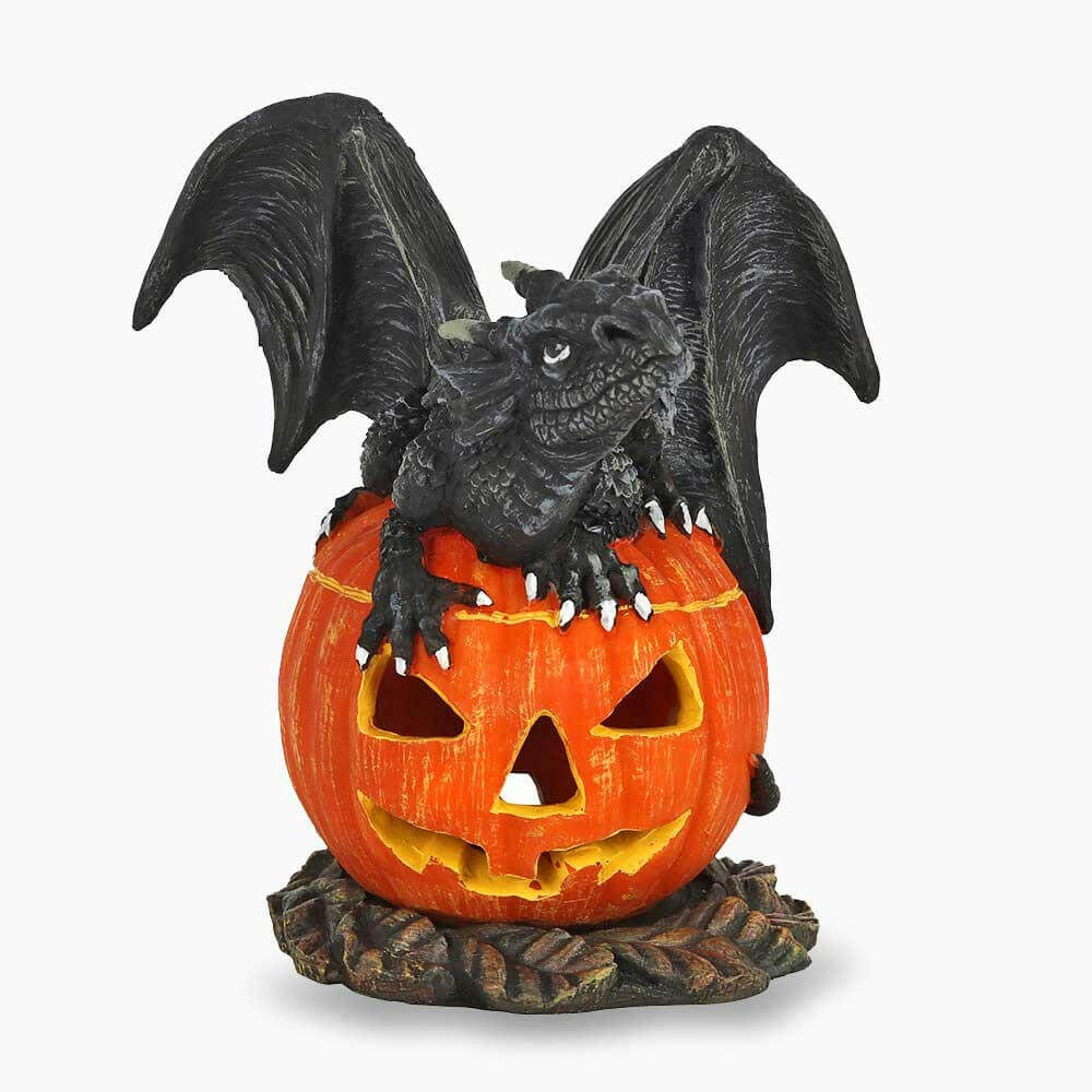 Halloween dragon cone burner figurine with black wings and orange jack-o’-lantern holder