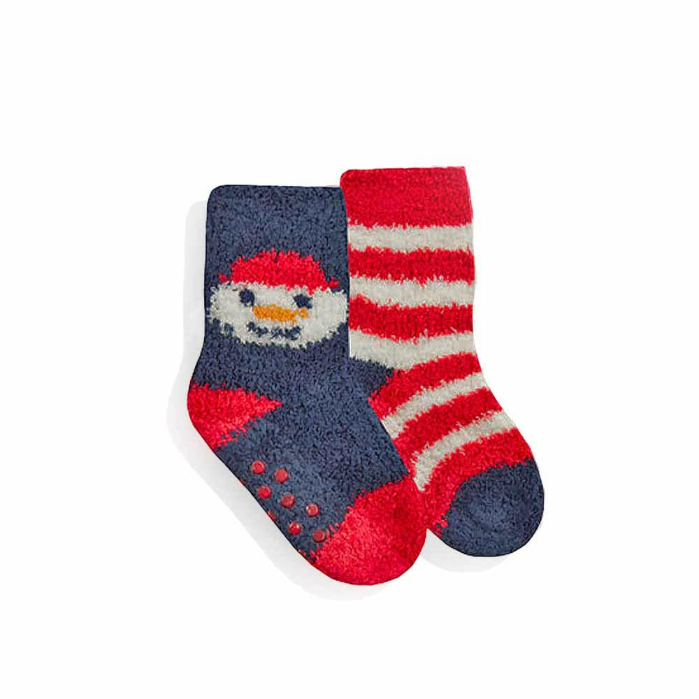 Baby gripper socks: navy snowman and red-and-white striped pair